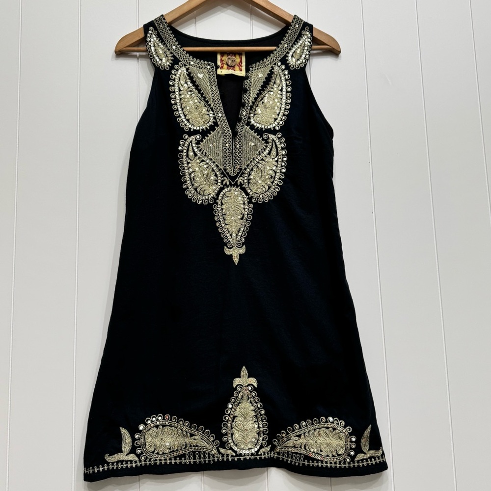 Free People Black and Gold Embroidered Sequin Sleeveless Tunic Mini Dress Size 8